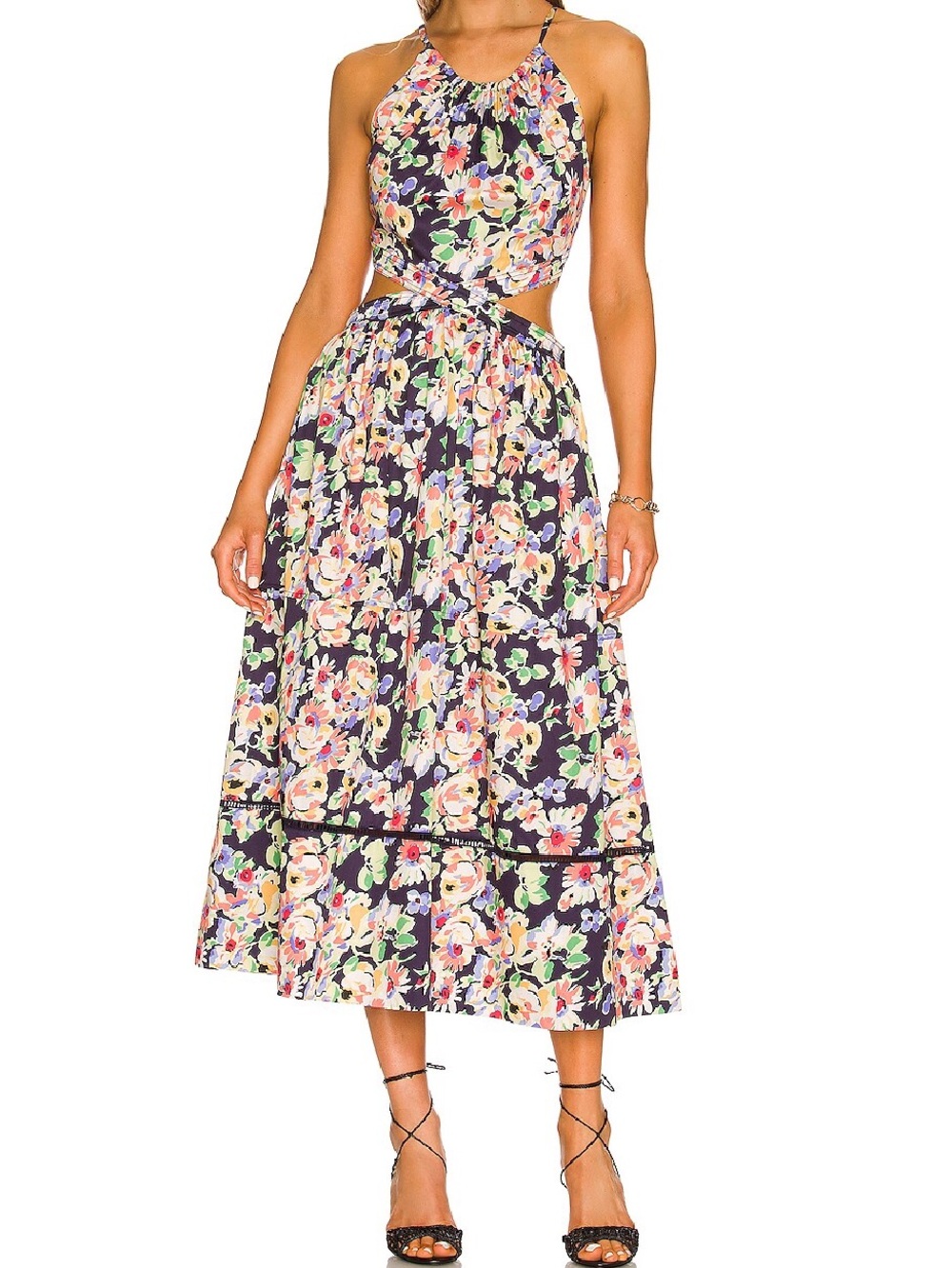 Something Navy Black Floral Halter Cutout Midi Dress